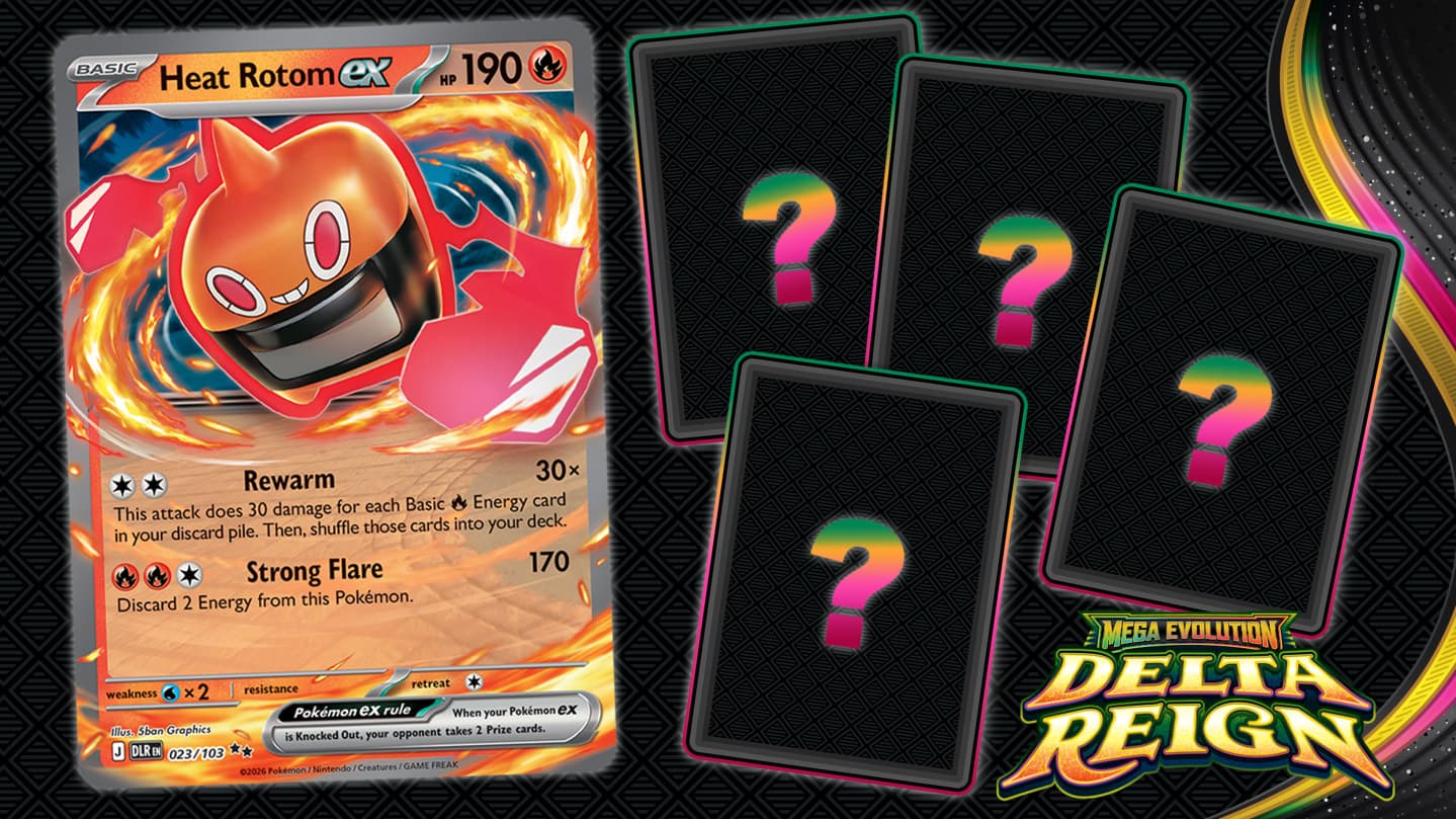 Official English-language Mega Evolution—Delta Reign preview showing Heat Rotom ex and unrevealed card silhouettes