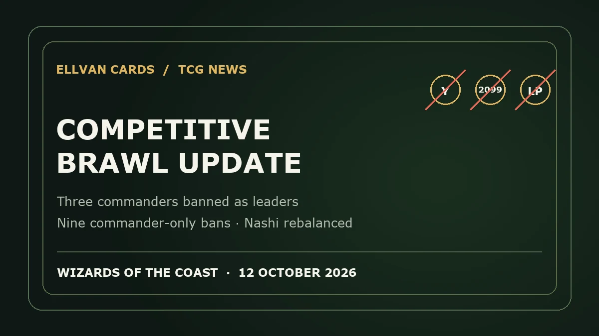 Ellvan Cards graphic for the Competitive Brawl update: three commander bans, nine commander-only bans and a Nashi rebalance