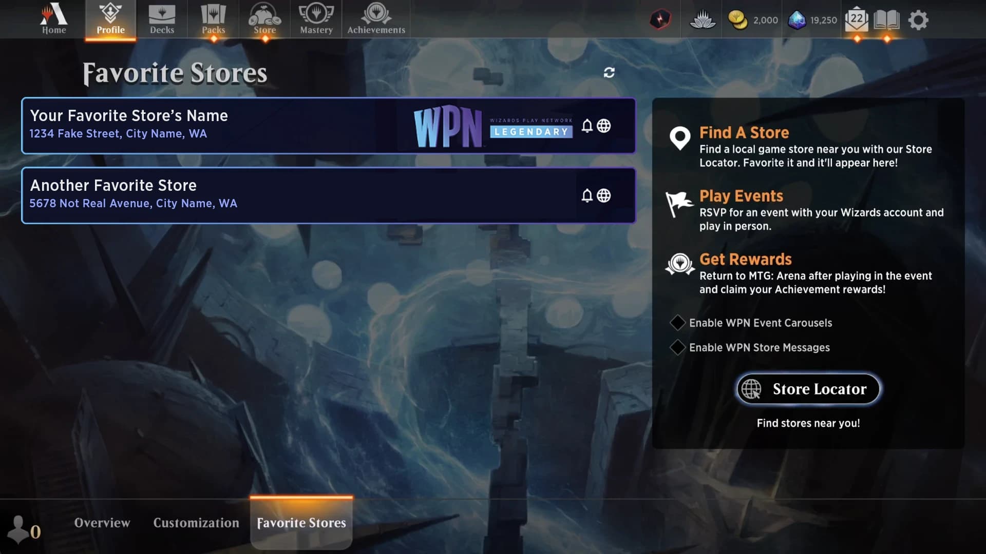 Official MTG Arena Favorite Stores screen showing store listings and notification controls