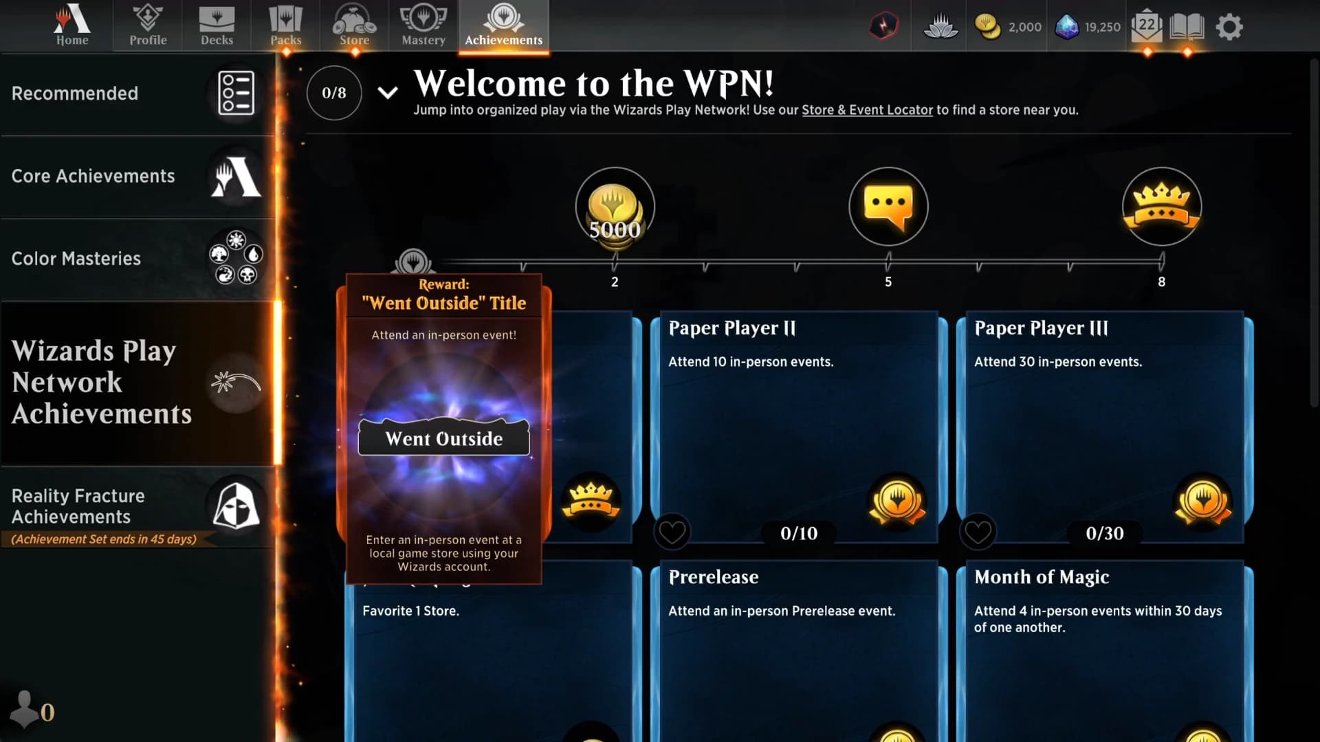 WPN achievements in Arena, including the Went Outside title